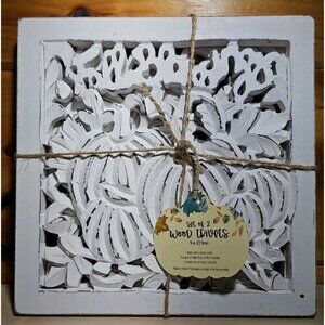 Set Of 2 Wood Trivets Fall Blessings Rustic White & Brown Pumpkins Distressed